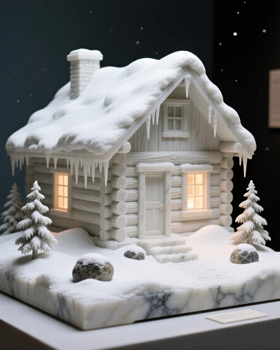 An evocative depiction of a snow-covered cabin glowing with warm light, in a moment of quiet stillness, balancing detail with emotional depth