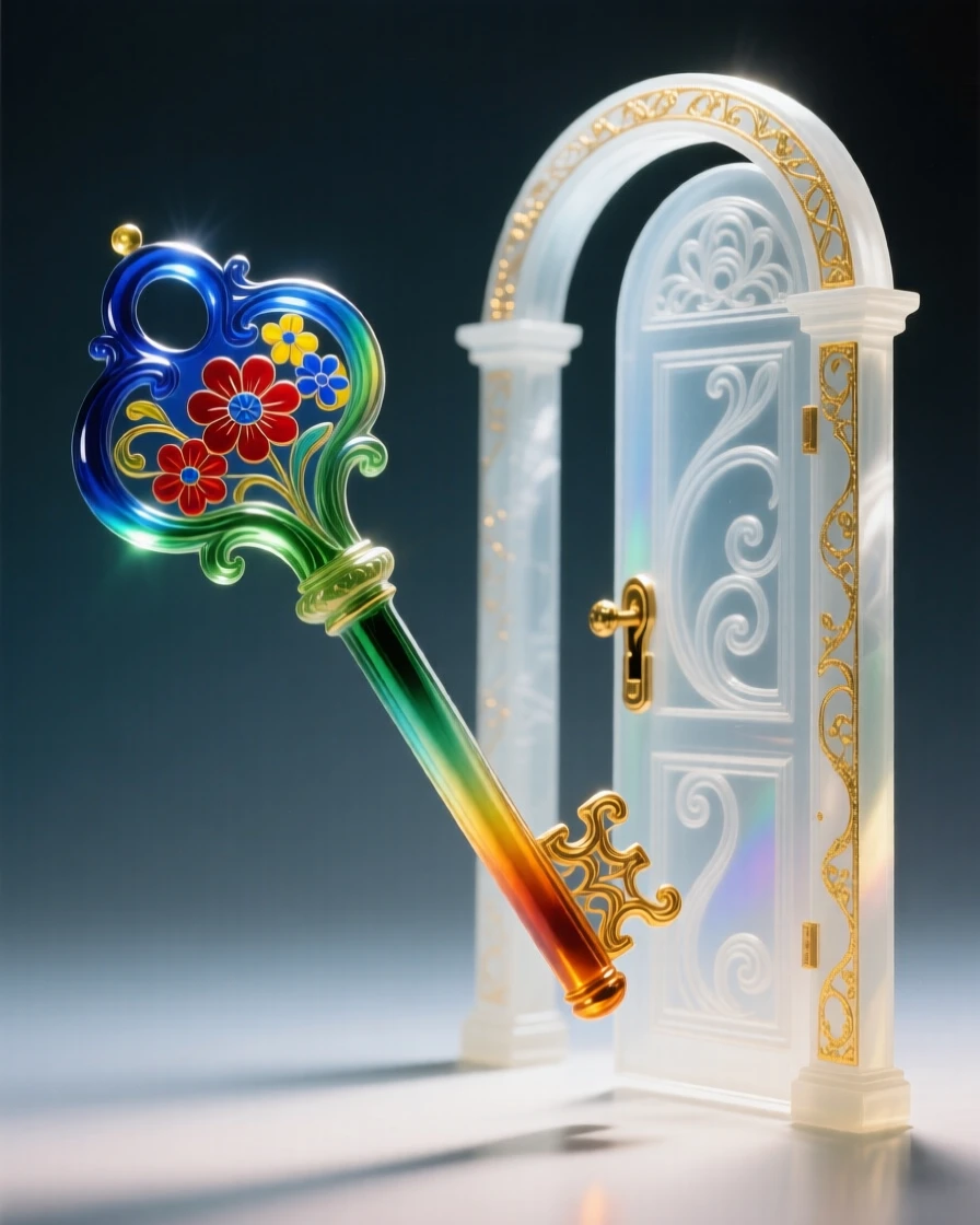 A key floating in midair, unlocking a doorway carved into thin air, mysterious and symbolic.