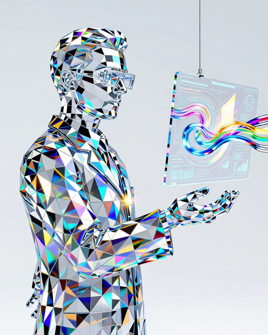 A holographic interface floating above a scientist's palm, glowing data streams swirling around it.