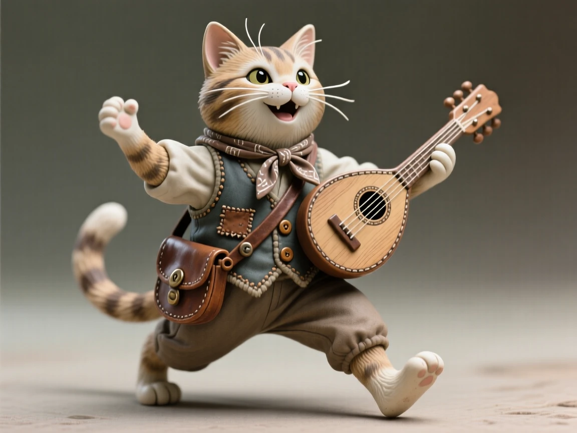 A cat dressed as a wandering musician posed mid-adventure with playful energy, dressed in small, carefully stitched garments, capturing the magic of imaginative make-believe.