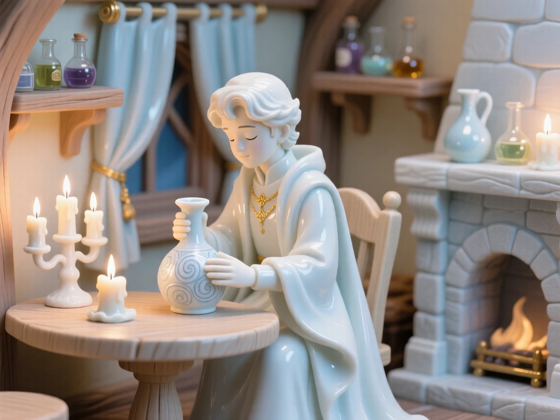 A whimsical scene of an enchanted prince brewing a shimmering potion by candlelight in a cozy candlelit cottage.