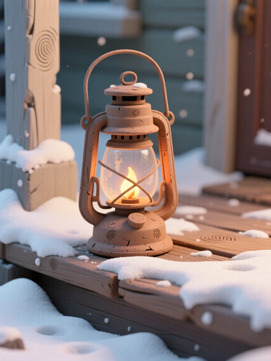 A vintage lantern casting warm light across a snowy porch