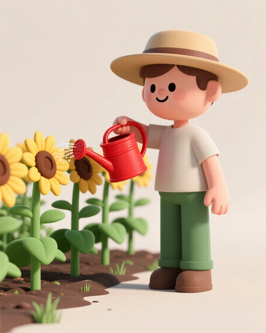 A proud community garden volunteer waters a row of blooming sunflowers with a bright red watering can.