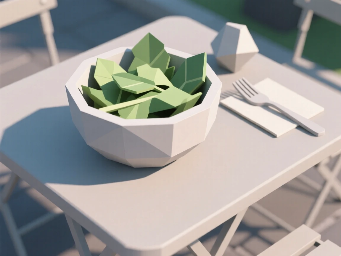 A bowl of vibrant fresh salad greens, at an outdoor café table. the composition is framed from a pleasing overhead angle. It captures a simple, joyful moment.