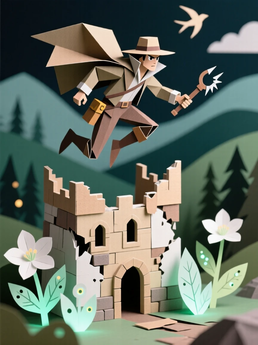 A rogue treasure hunter soaring above a crumbling ancient castle, with luminescent plants lighting the surroundings, capturing dramatic tension and adventure.