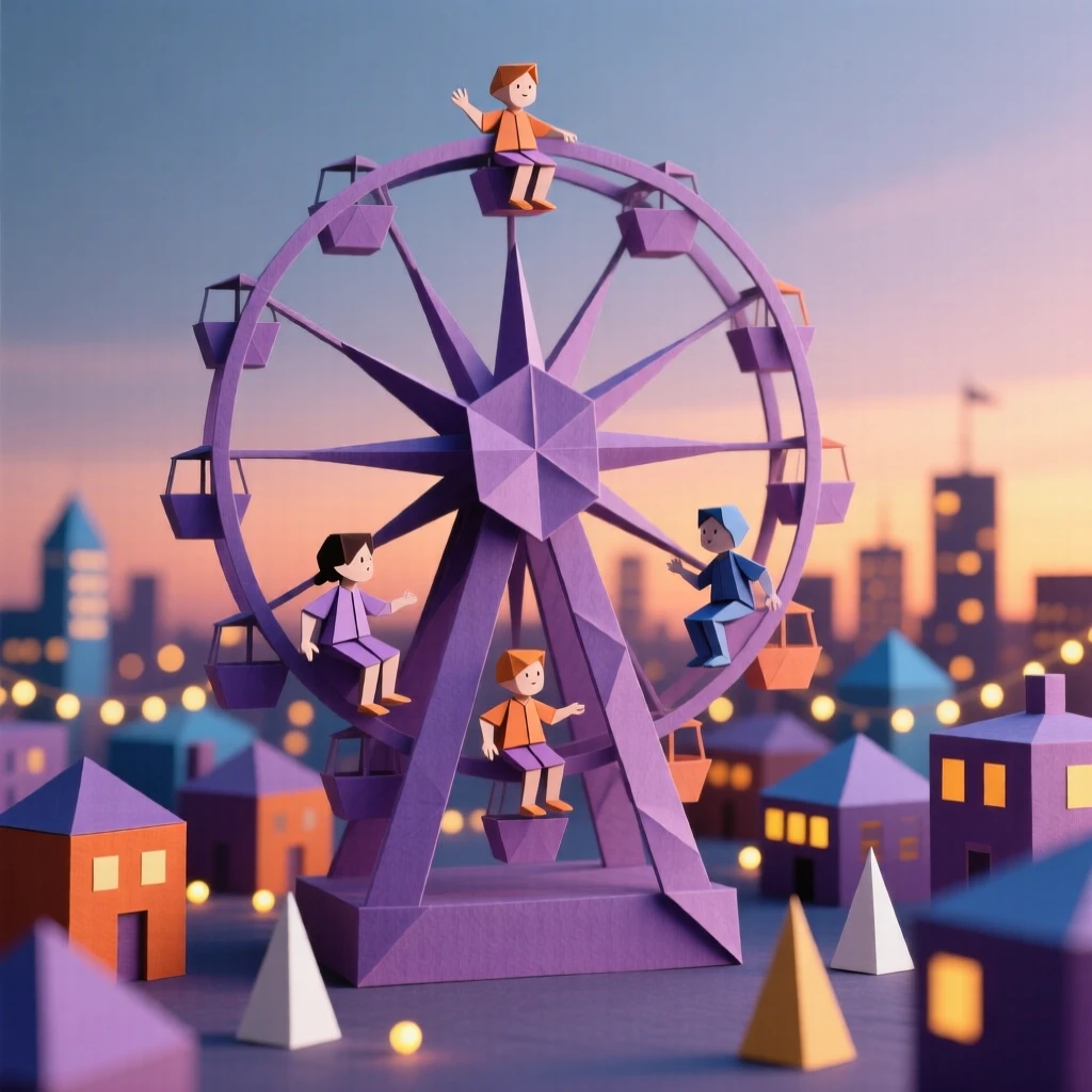 A carnival scene with children on a ferris wheel, city lights sparkling below at dusk.