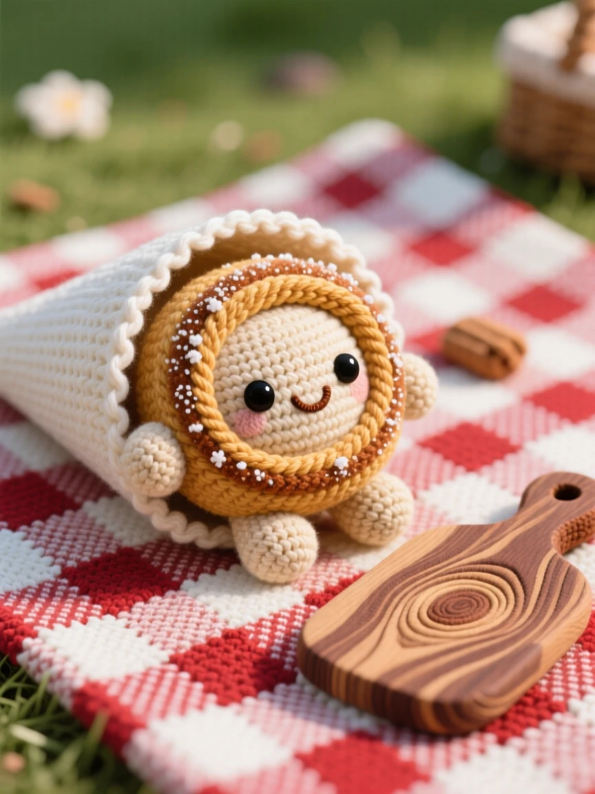 a plump churro character, dusted with cinnamon sugar, is shown resting in a paper cone at a fair on a checkered picnic blanket in a park beside a rustic wooden serving board, capturing a cozy sense of shared treats.