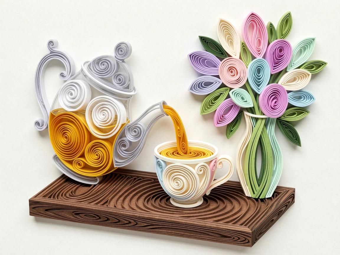 a glass teapot pouring golden tea into a cup, on a wooden tray beside a vase of fresh flowers, shown from a cozy eye-level perspective, in bright, cheerful pastel colors.
