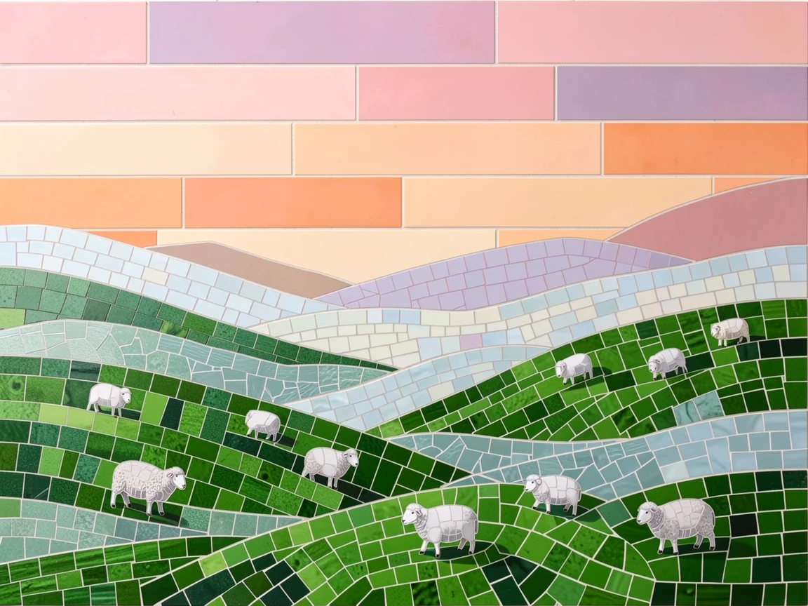 Rolling emerald hills dotted with grazing sheep under a soft morning mist, beneath a sky painted in pastel sunrise hues.