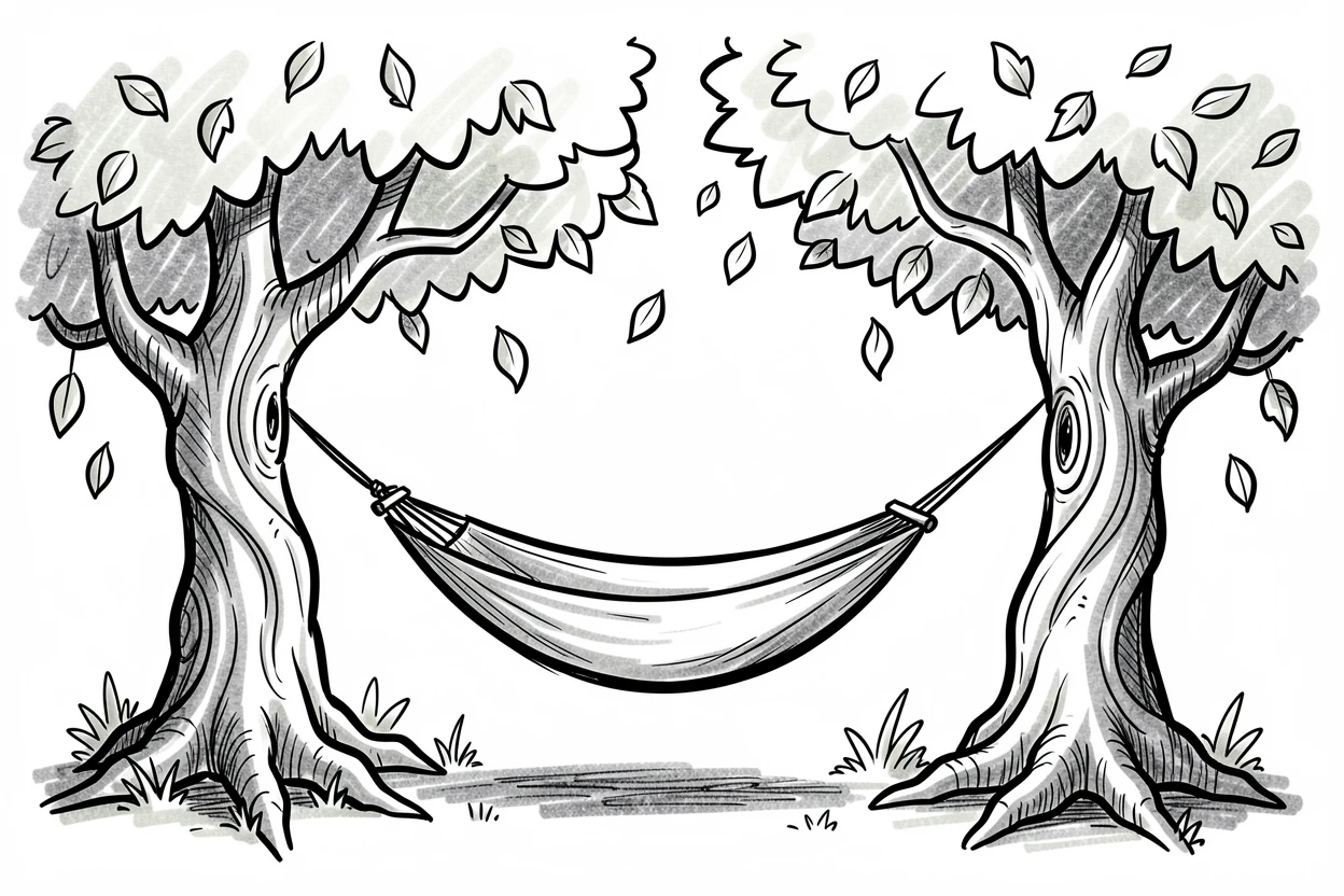 A hammock strung between two trees in summer under a canopy of falling leaves.