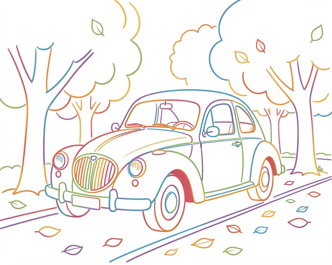 A vintage car parked along a tree-lined street in autumn.