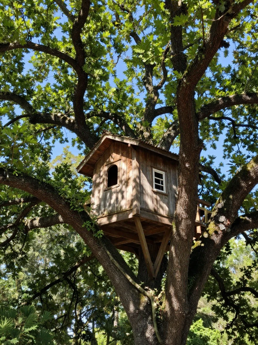 A treehouse built high among the branches of an old oak