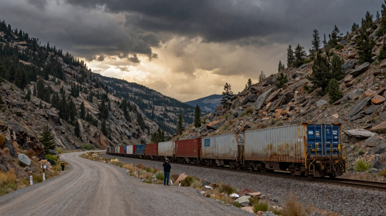 A cargo train winds slowly through a mountain pass under a dramatic sky.