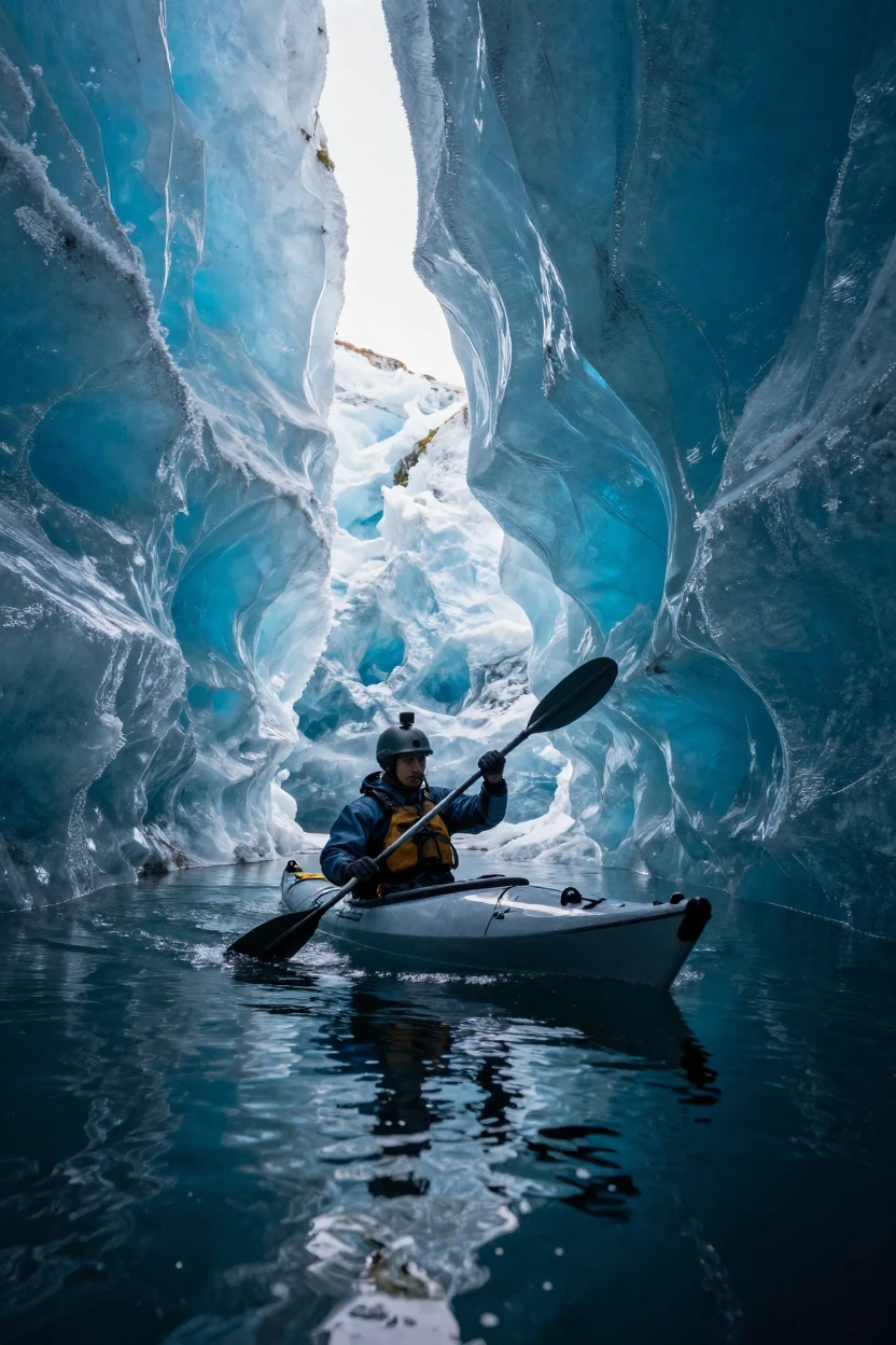 An adventurer paddling a kayak through a narrow glowing ice cave