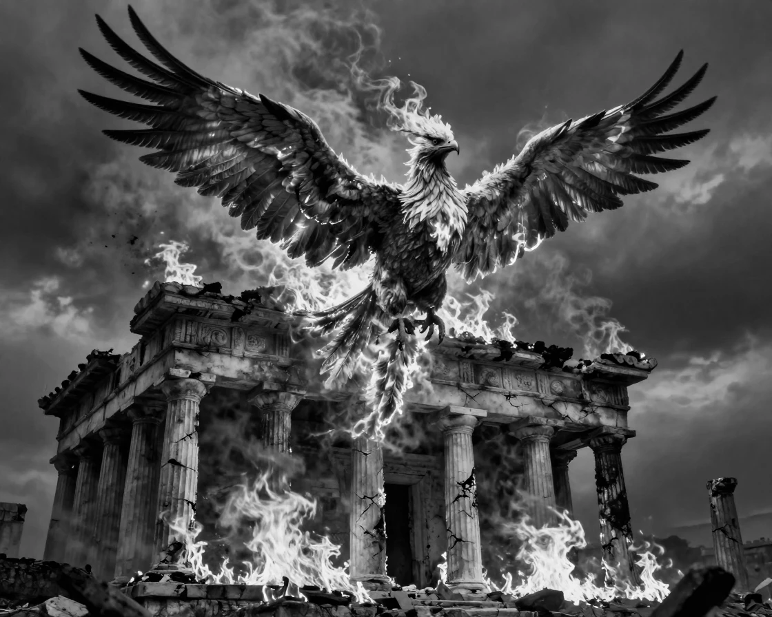 A fire-breathing phoenix rises from the ashes in a burst of flame above a burning ancient temple.
