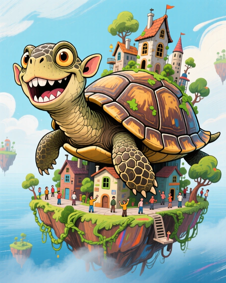 A colossal turtle carrying an entire floating island city on its ancient shell.