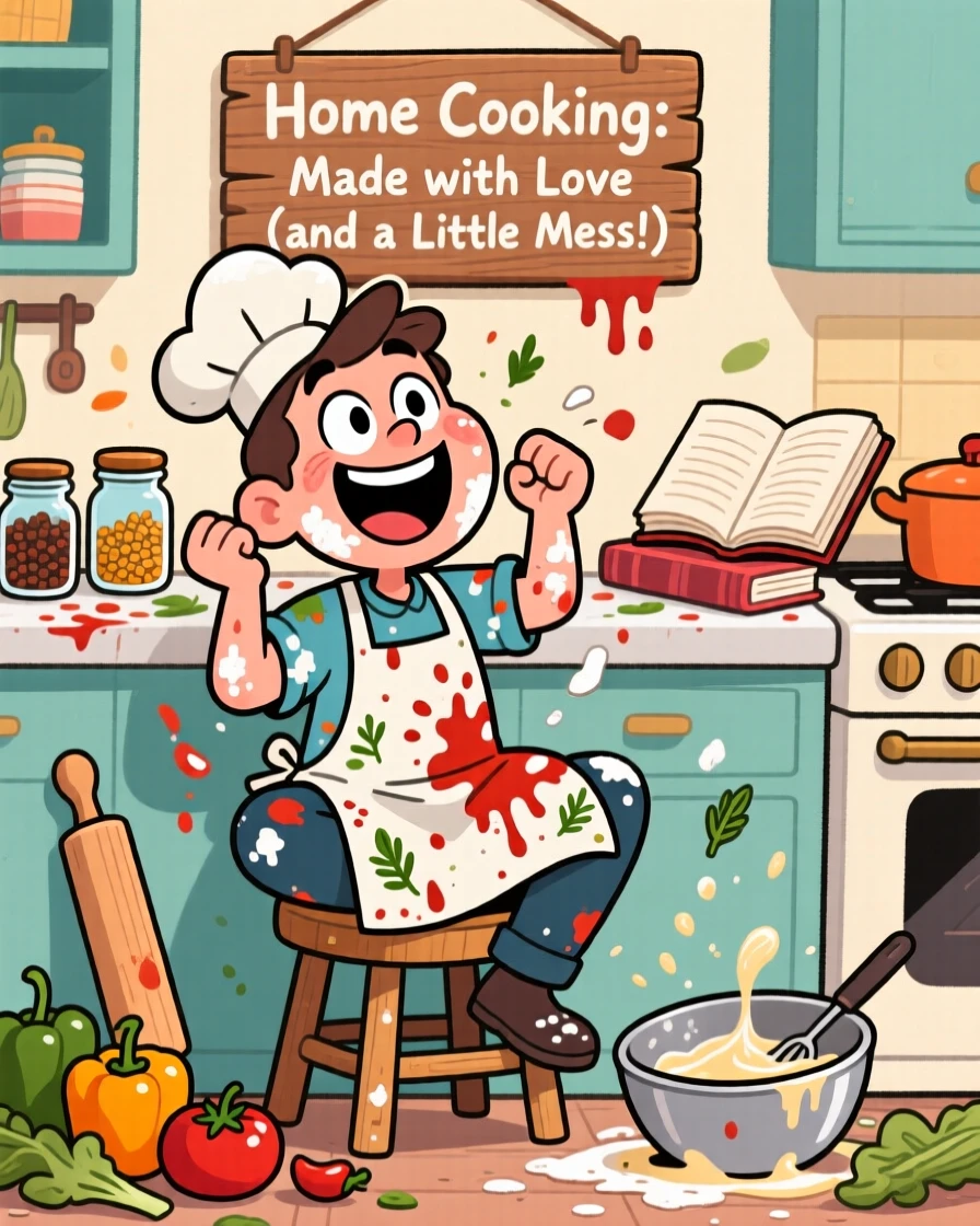 An everyday-life snapshot of an enthusiastic home cook, taking a well-deserved break, covered in the mess of creativity, surrounded by a delightful mess of supplies.