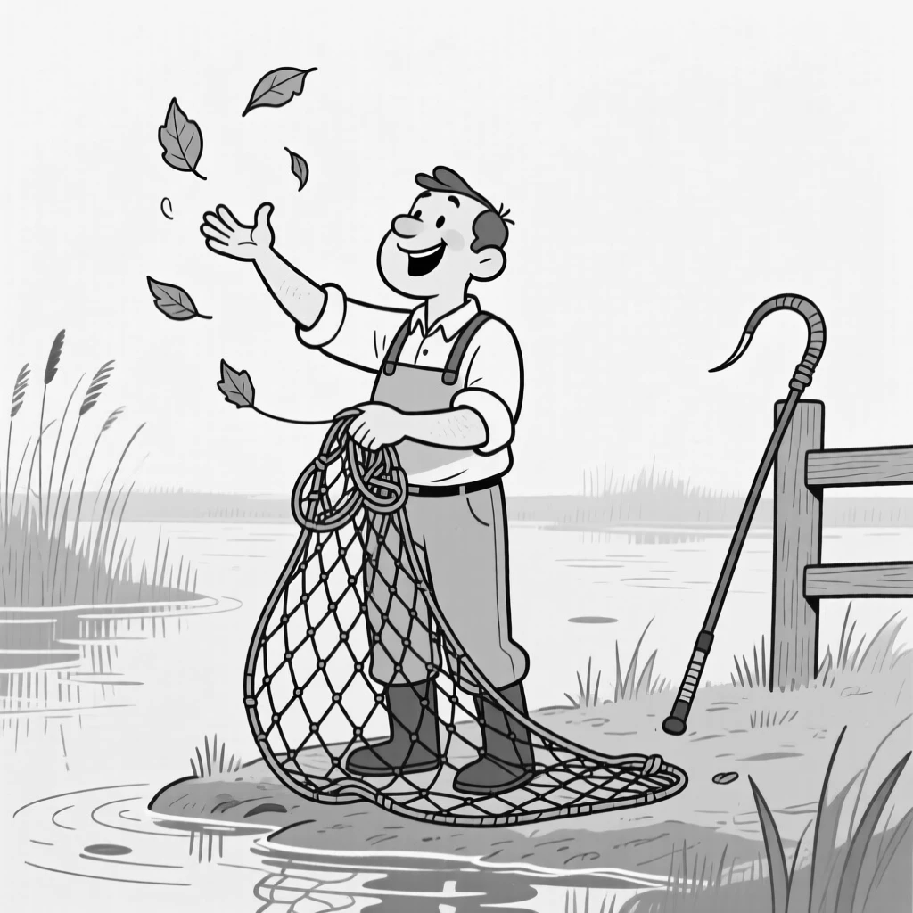 A fisherman untangling a hopelessly knotted net, flinging leaves joyfully into the air with both hands, set at the edge of a marshy wetland. A lone shepherd's crook leans against a fence post. The scene celebrates nature's simple, joyful surprises.