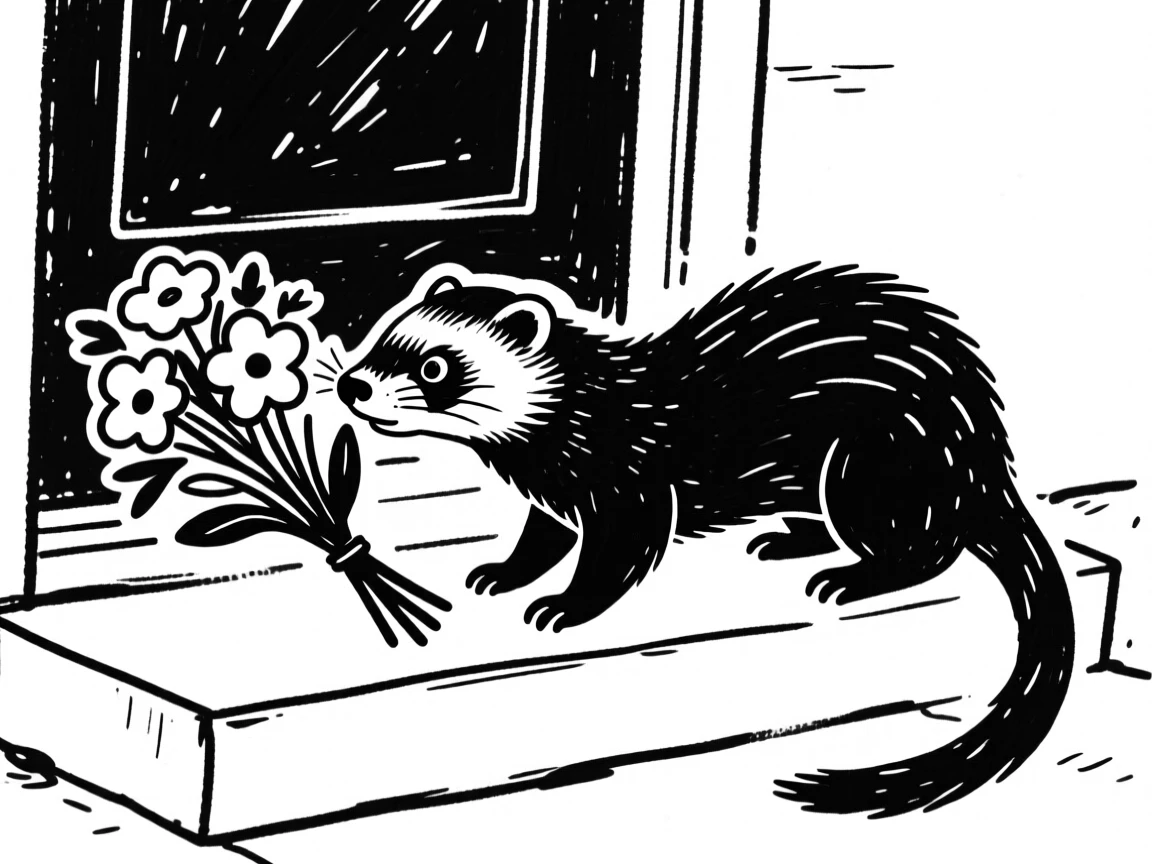 A ferret sniffing a bouquet of flowers on a doorstep, nose twitching.