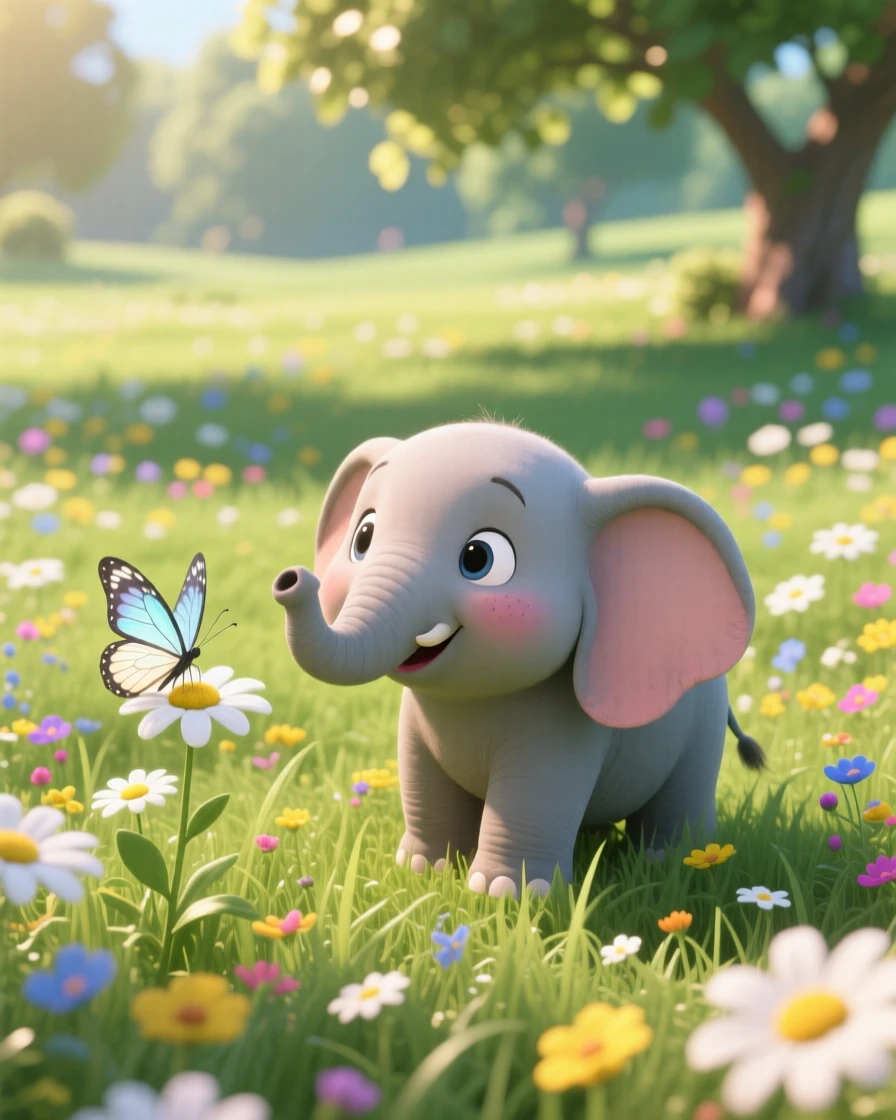 A baby elephant is exploring a sunlit meadow full of daisies, tilting its head curiously. Innocent curiosity shines through the moment, with a small butterfly resting nearby.