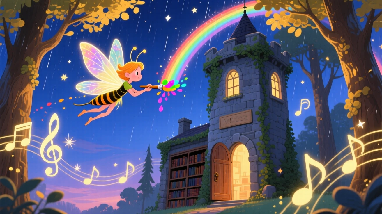 A firefly fairy pauses from painting rainbows across the sky to marvel at an ancient library tower, while gentle music seems to hum from the trees.