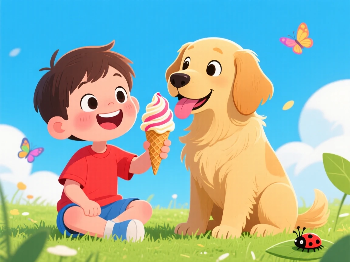 A child sharing an ice cream cone with a patient golden retriever.