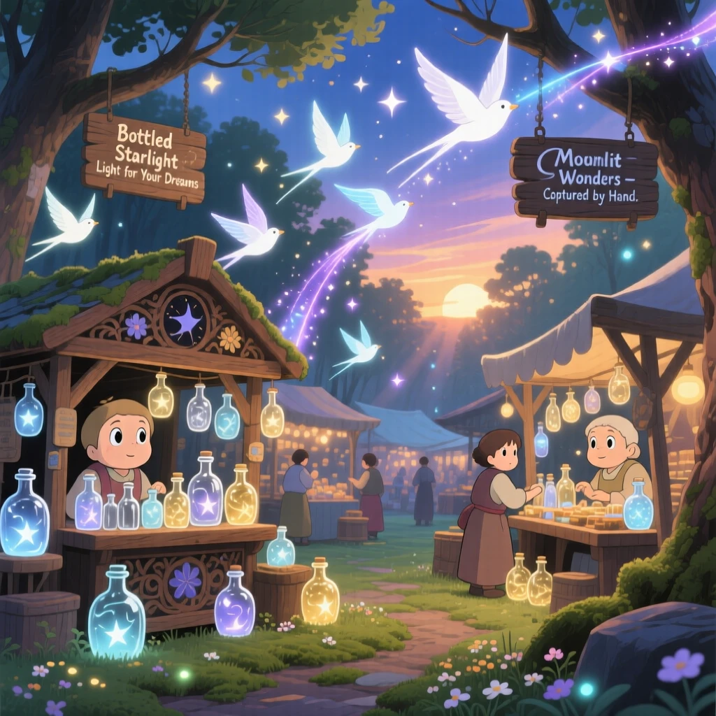 A market where merchants sell bottled starlight, where a flock of luminous birds trailing light behind them can be seen nearby, the atmosphere mysteriously beautiful.