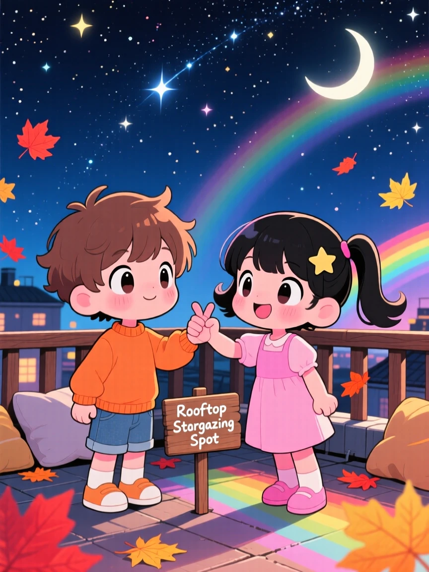 Silhouette composition of two children, pinky-promising beneath a starry sky, in a rooftop stargazing spot, with autumn leaves swirling around, illuminated by bright rainbow-tinted light, radiating playful mischief.