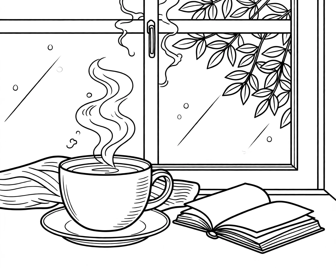 A cup of hot cocoa beside a fogged-up window, with soft morning light filtering through the leaves.