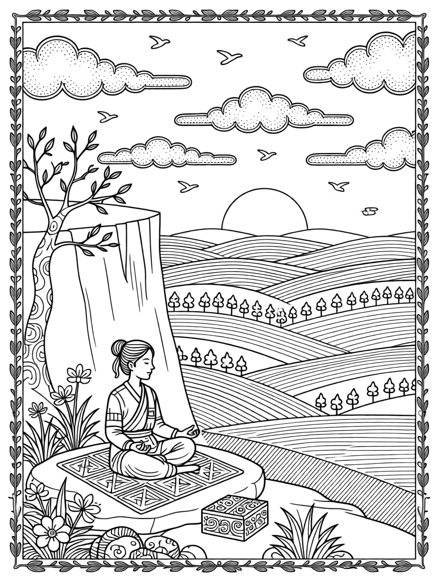 A quiet mountaintop meditation scene overlooking layered valleys.