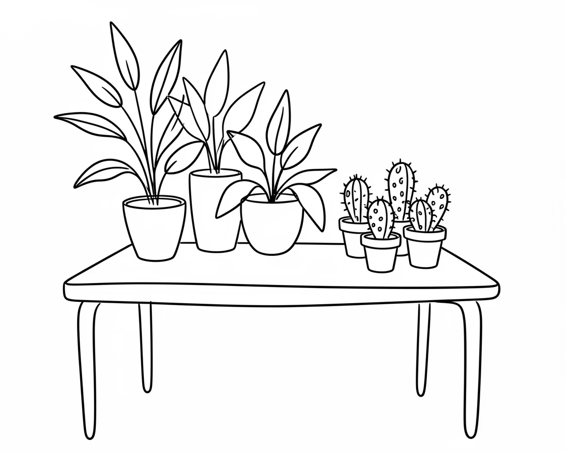 A desk covered with houseplants and a small potted cactus collection