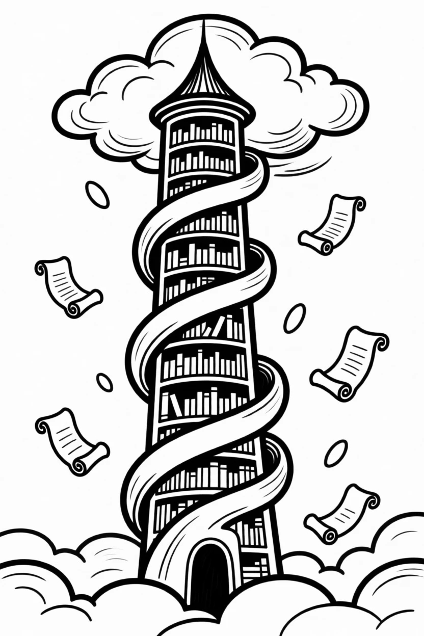 A magical library tower spiraling into the clouds, filled with floating scrolls.
