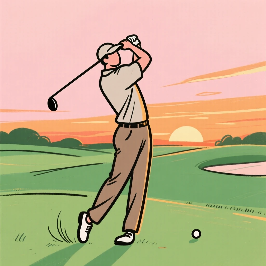 A golfer swinging a club on a lush green fairway at sunset.