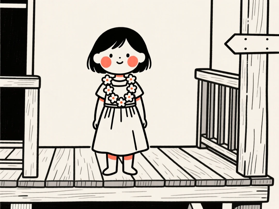 A little girl wearing a traditional Hawaiian lei and dress, on a rustic wooden porch.