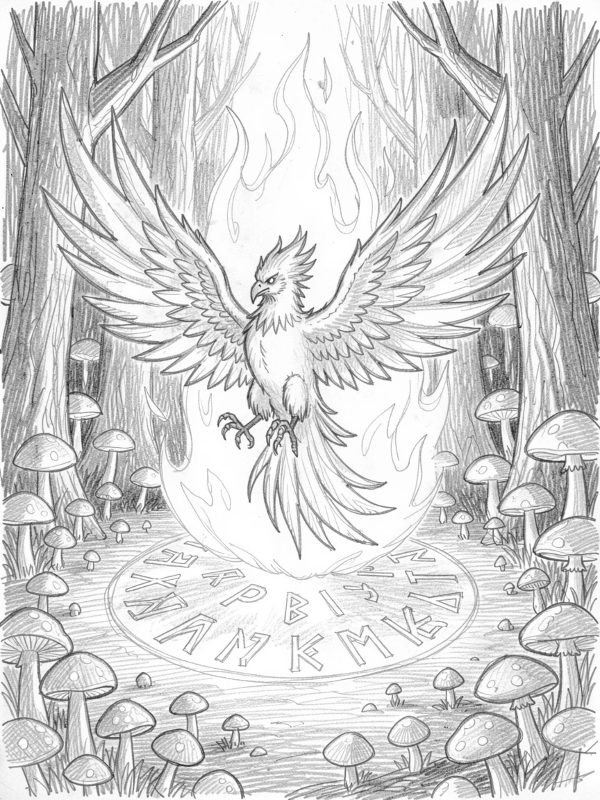 A phoenix rising in a burst of flame, within a forest of glowing mushrooms, with ancient runes glowing faintly on the ground.