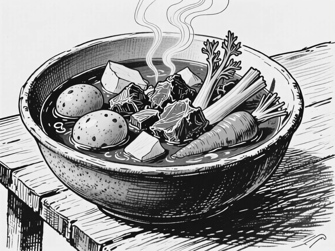 A bowl of hearty stew with chunks of vegetables and tender meat.