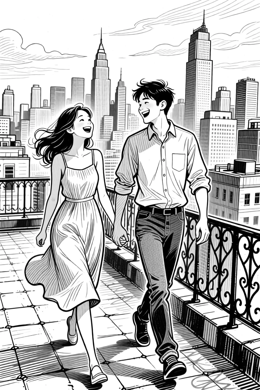 A young couple walking hand in hand on a rooftop overlooking the city skyline, with genuine laughter caught mid-moment, creating a lighthearted and playful lifestyle scene.