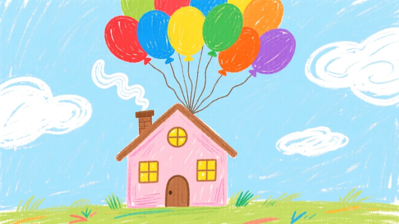A cluster of balloons lifting a tiny cottage into the sky.