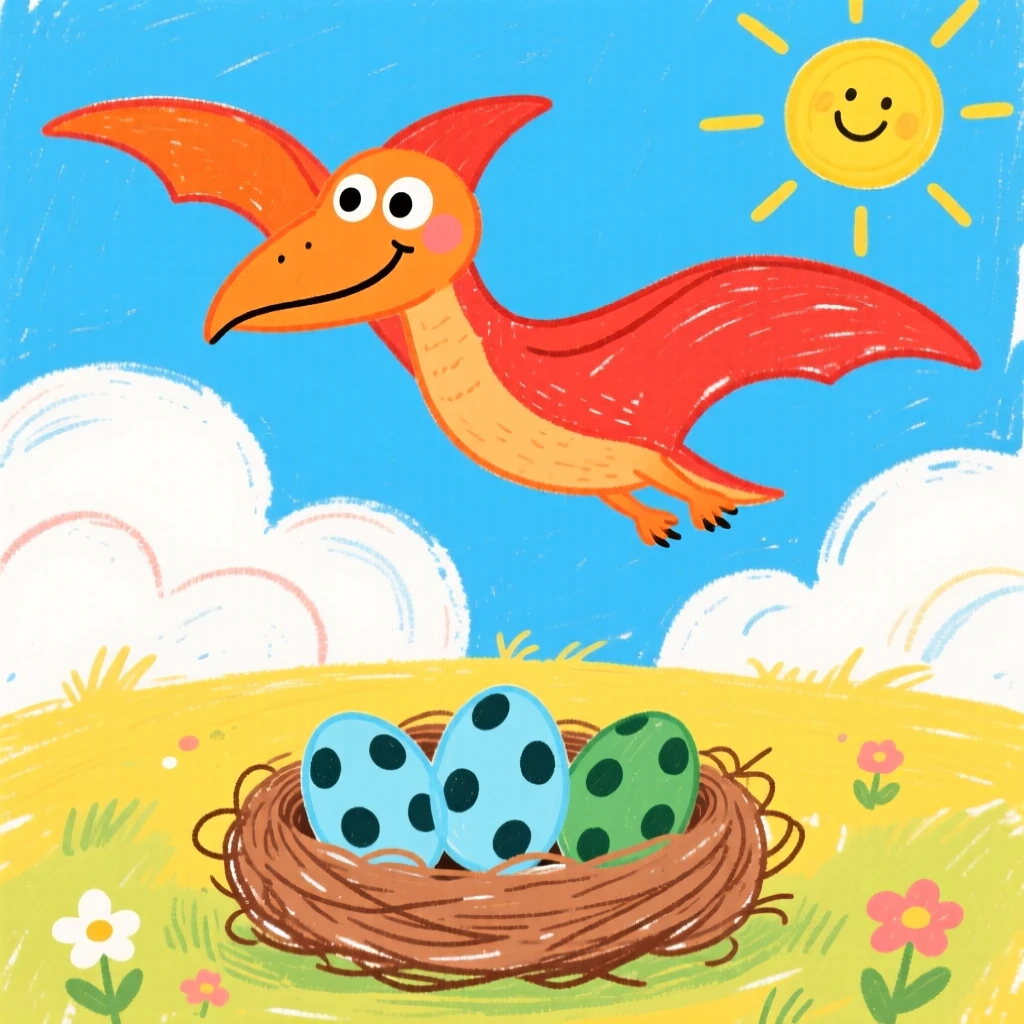 A soaring pterodactyl gliding above the clouds near a nest of speckled eggs in a warm clearing.