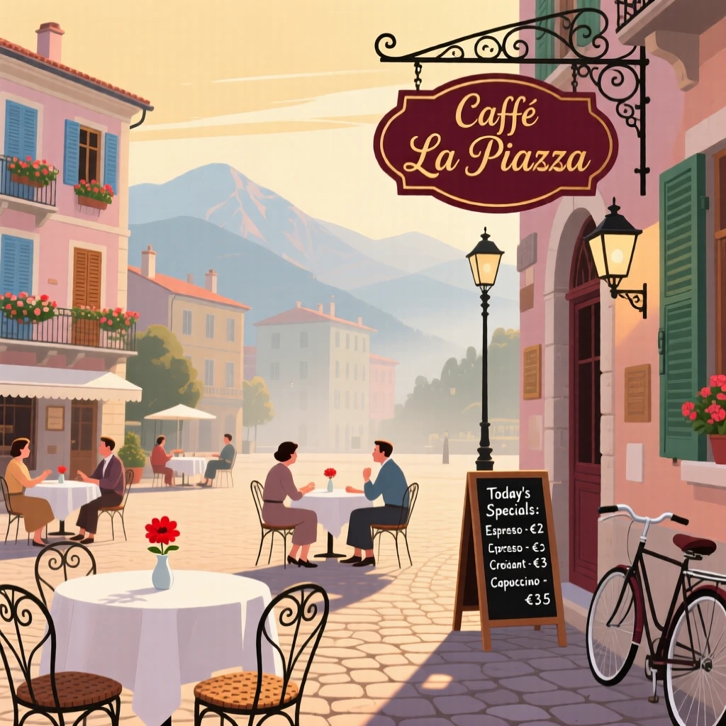 A charming European square filled with an outdoor café, with distant mountains fading into soft haze, captured with warm inviting light filling the frame, with a nostalgic, postcard-like charm.