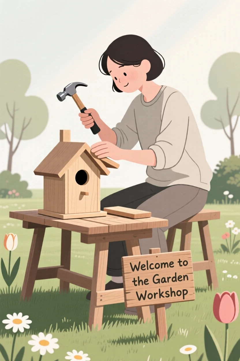 A person building a birdhouse in a peaceful garden.