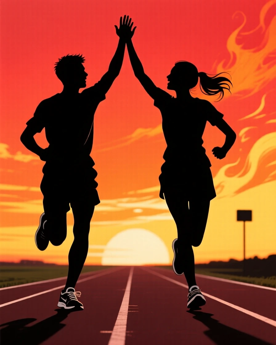 Two friends high-fiving after finishing a race together.