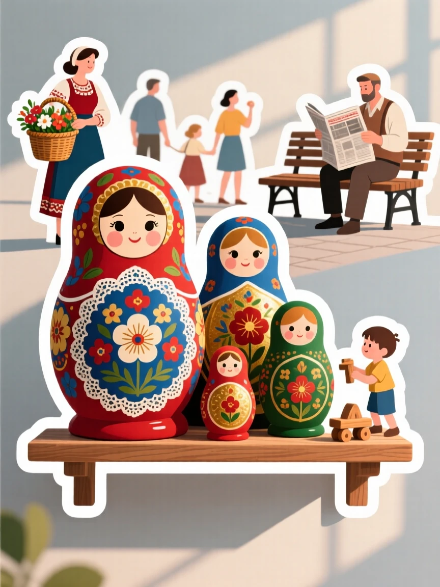 A richly detailed Russian matryoshka doll set on a shelf, with locals going about their day, on a warm and welcoming afternoon.