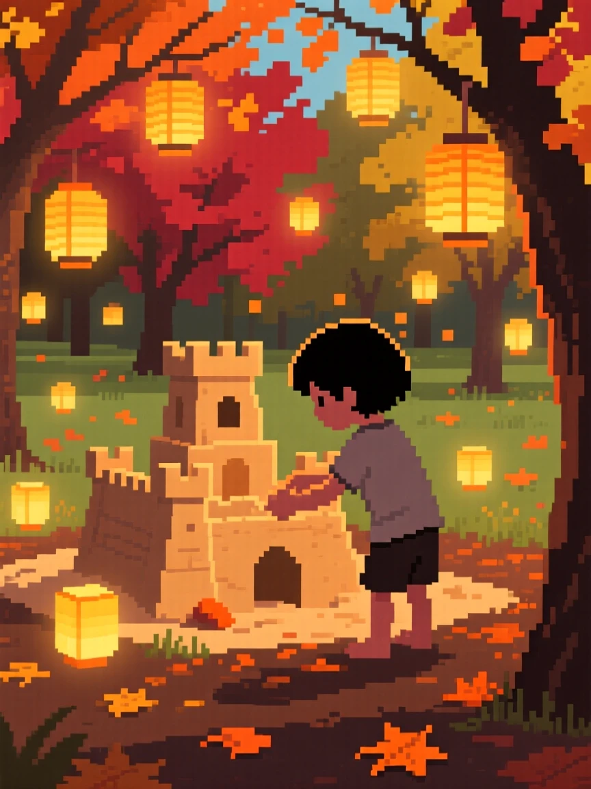 A child building a sandcastle lit by dozens of small paper lanterns, in a park during peak autumn color.