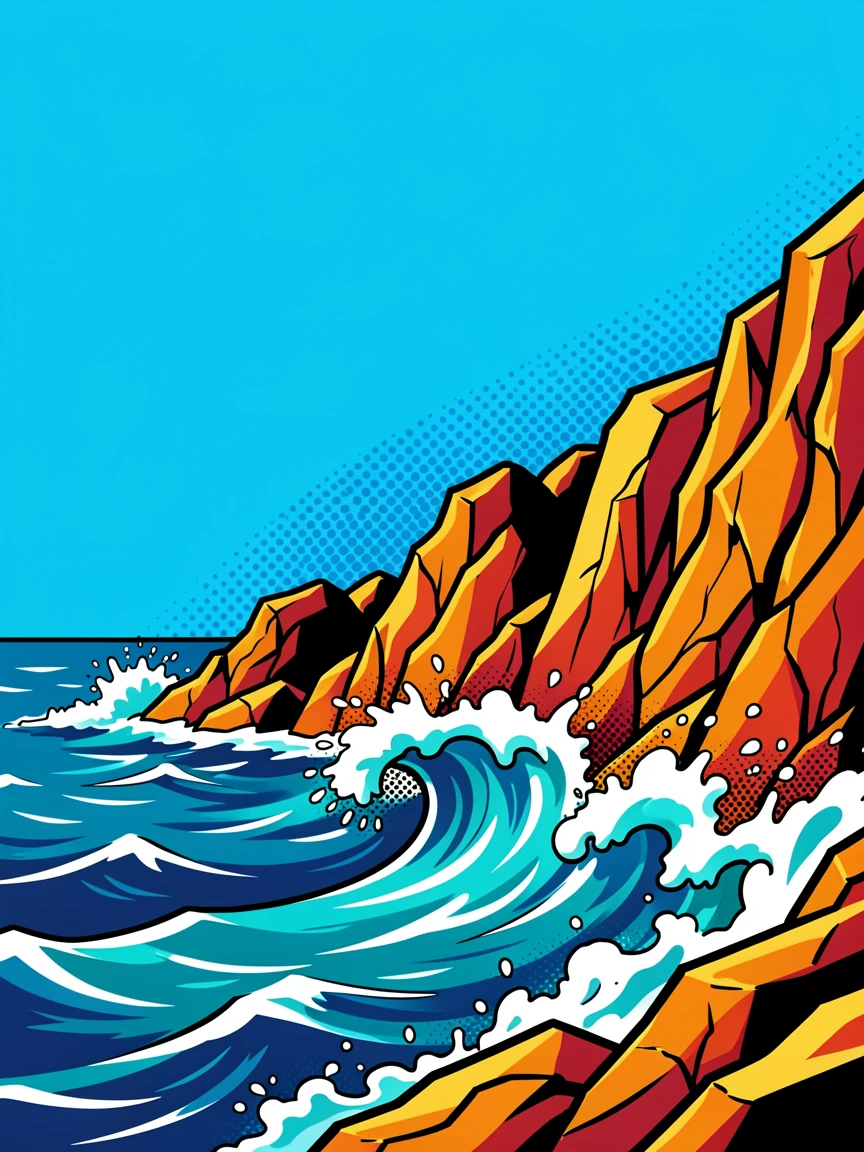 A rocky coastline with waves crashing against cliffs