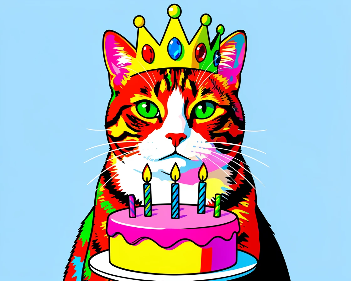 Cat wearing a party crown eating birthday cake