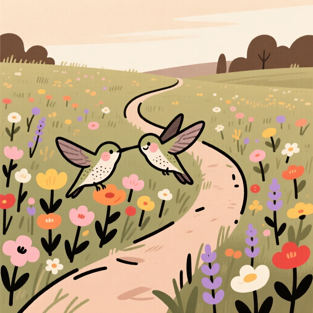 A winding path leads through a sprawling meadow bursting with wildflowers of every color, where a hummingbird pauses among the blooms.
