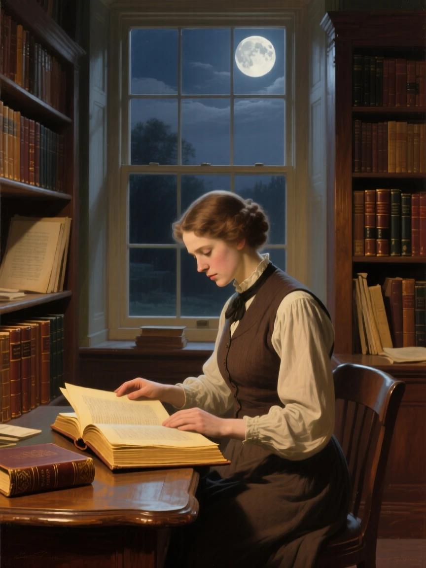 A medium shot of a librarian carefully turning the pages of an ancient book, under a full moon, in the interwar years.