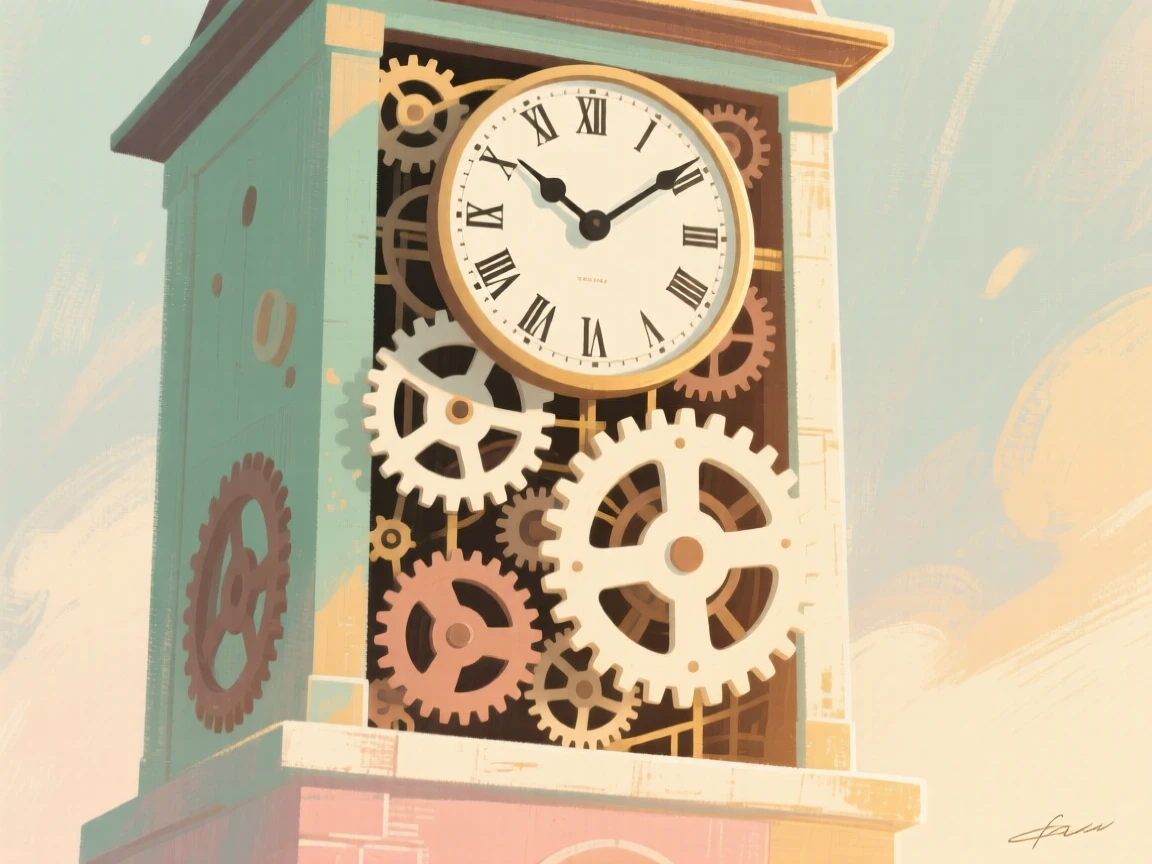 An antique clock tower mechanism displayed with its exposed gears