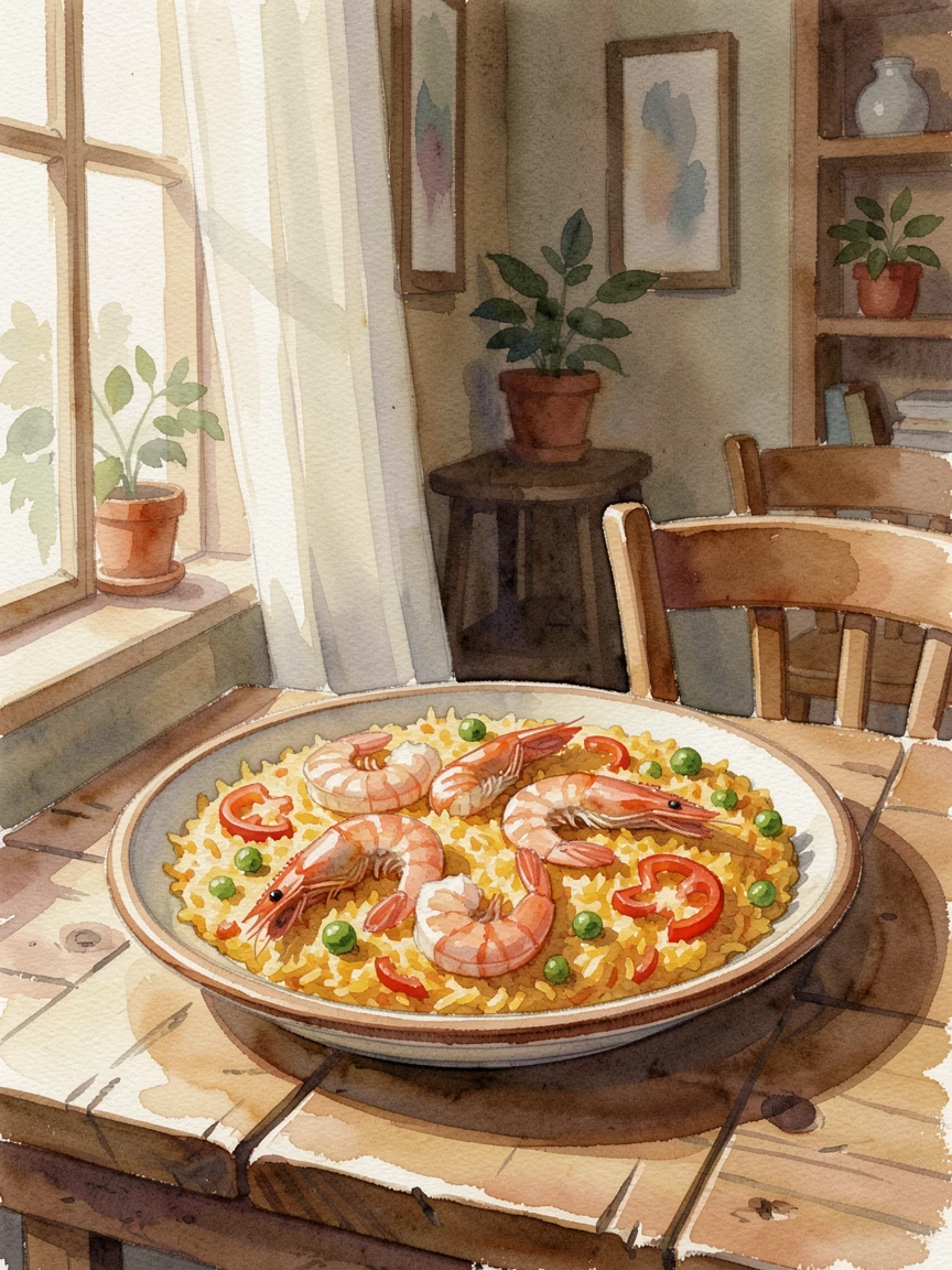 A plate of paella with shrimp and saffron rice in a cozy cafe setting.